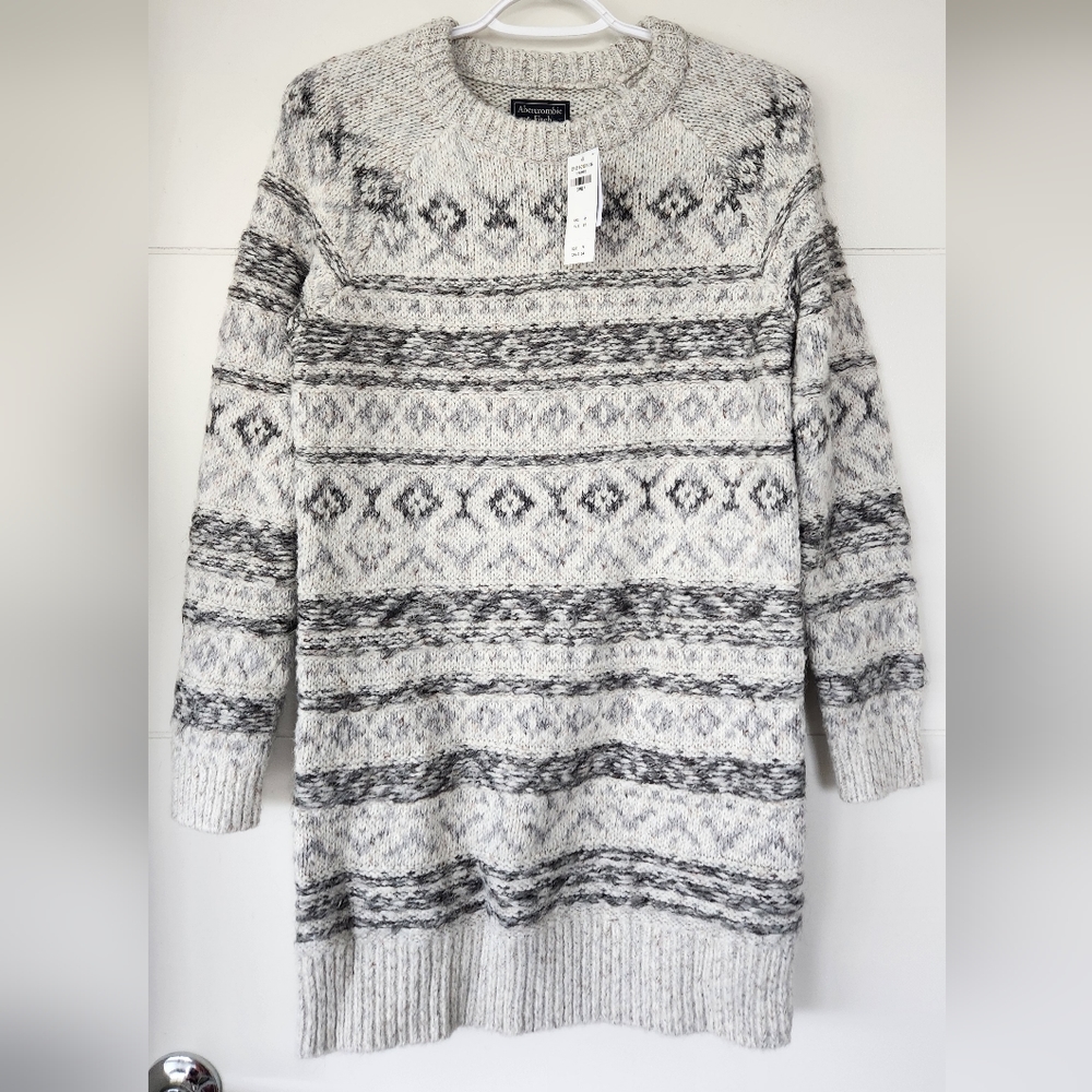 Abercrombie & Fitch Grey and White Patterned Long Sleeve Sweater Dress